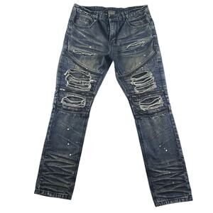 Smoke Rise Jeans Mens 36 (32” inseam) Dark Wash Ripped Distressed Moto